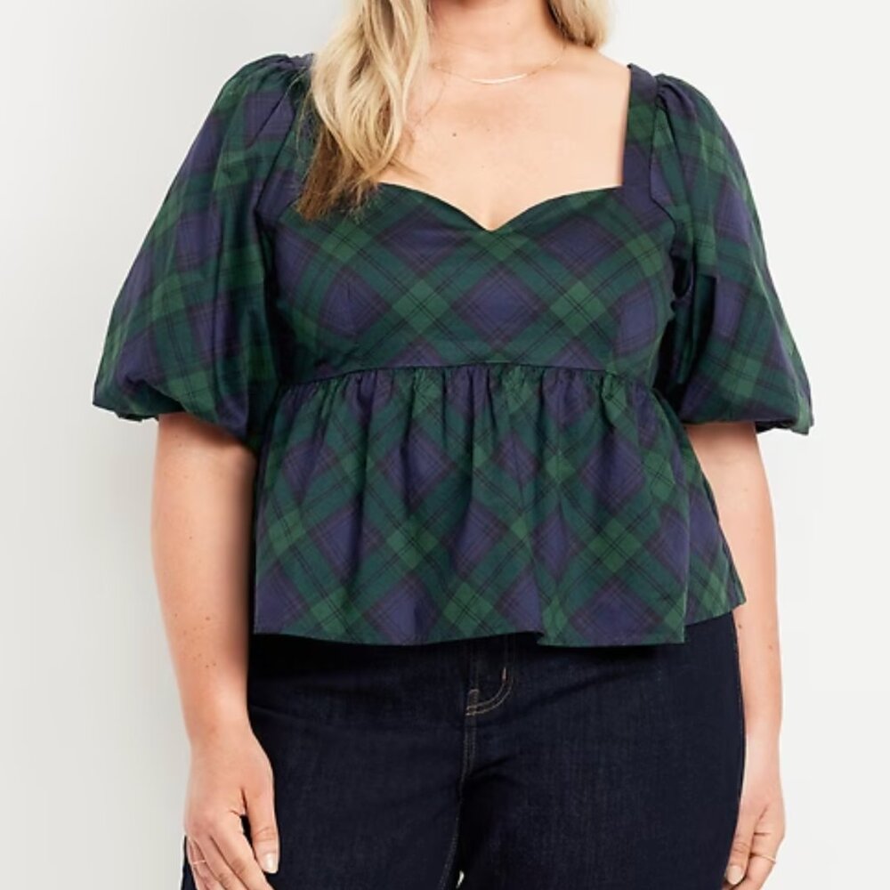 NWT Puff-Sleeve Plaid Poplin Peplum Top